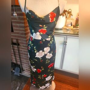 Shein medium womens emerald green floral satin Cowl neck dress